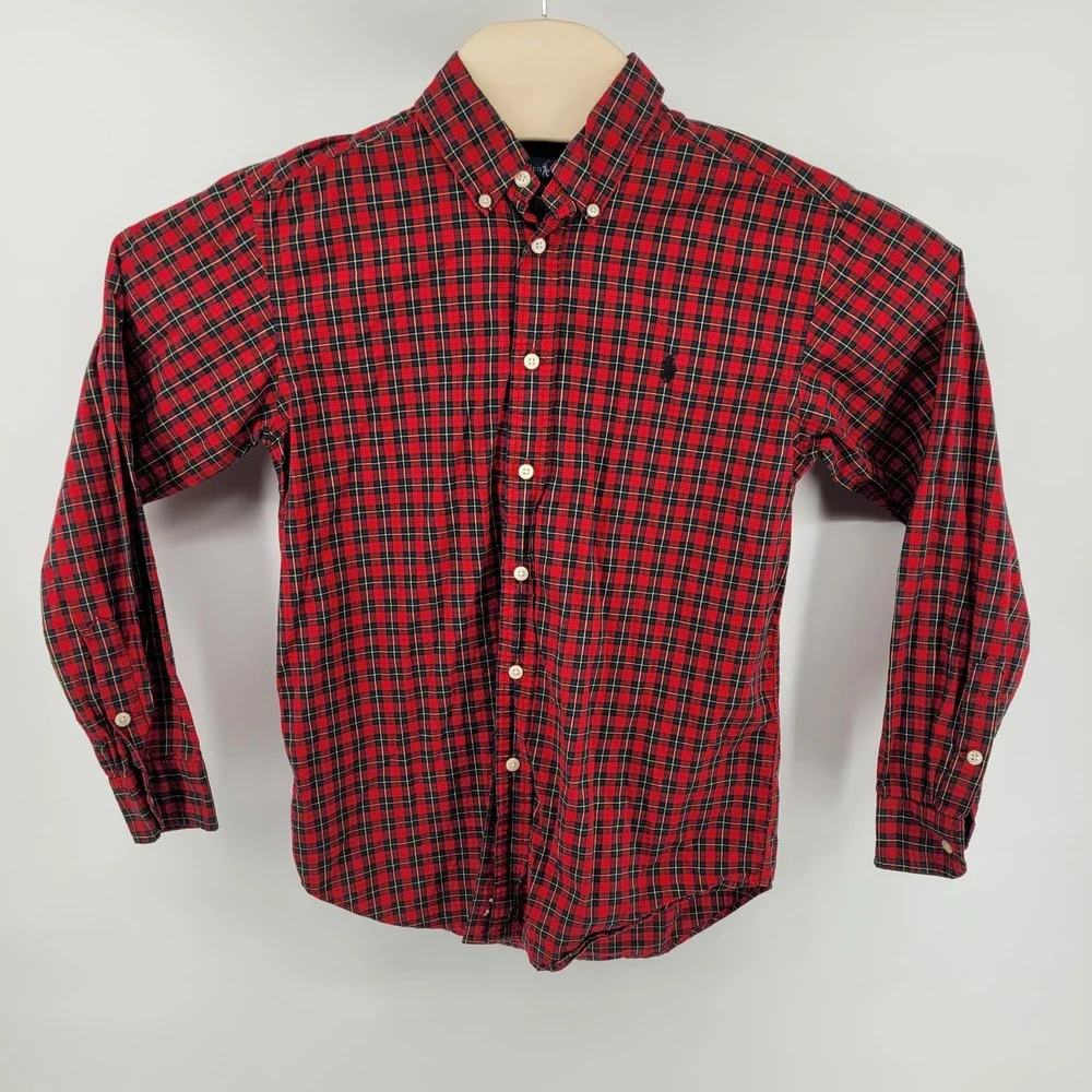 Ralph Lauren Boys Large‎ Red Plaid Long Sleeve Button Down Shirt Classic Fit